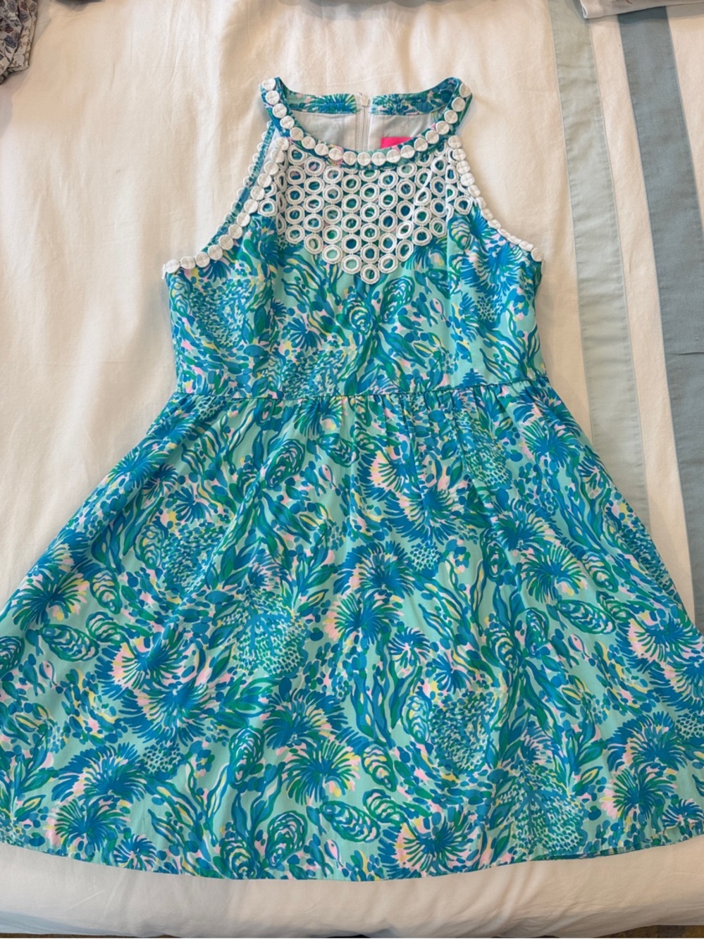 Lilly Pulitzer Teal & White Floral Crochet Yoke Dress